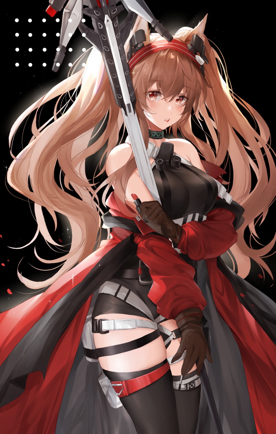 angelina_(arknights), animal_ears, arknights, garter, meng_ziya, thighhighs, weapon