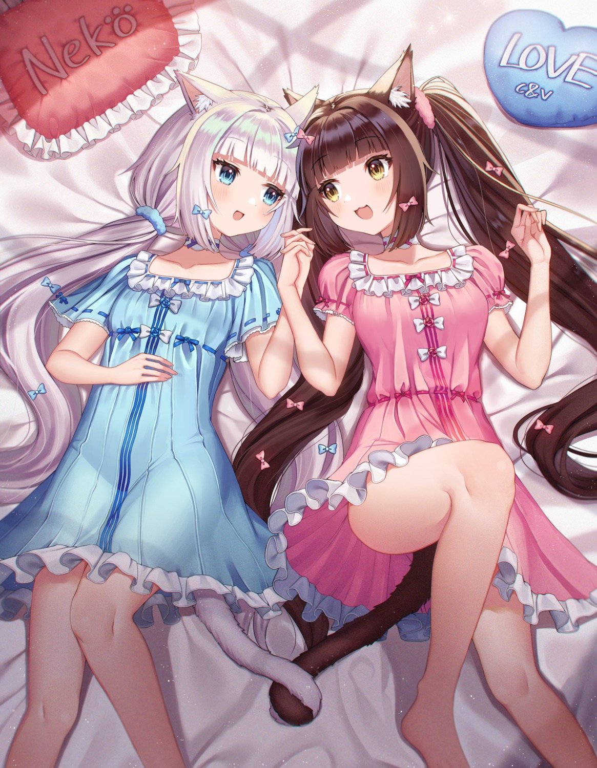 animal_ears, chocola, dress, nekomimi, nekopara, seoki_(hi3031), skirt_lift, tail, vanilla, yuri