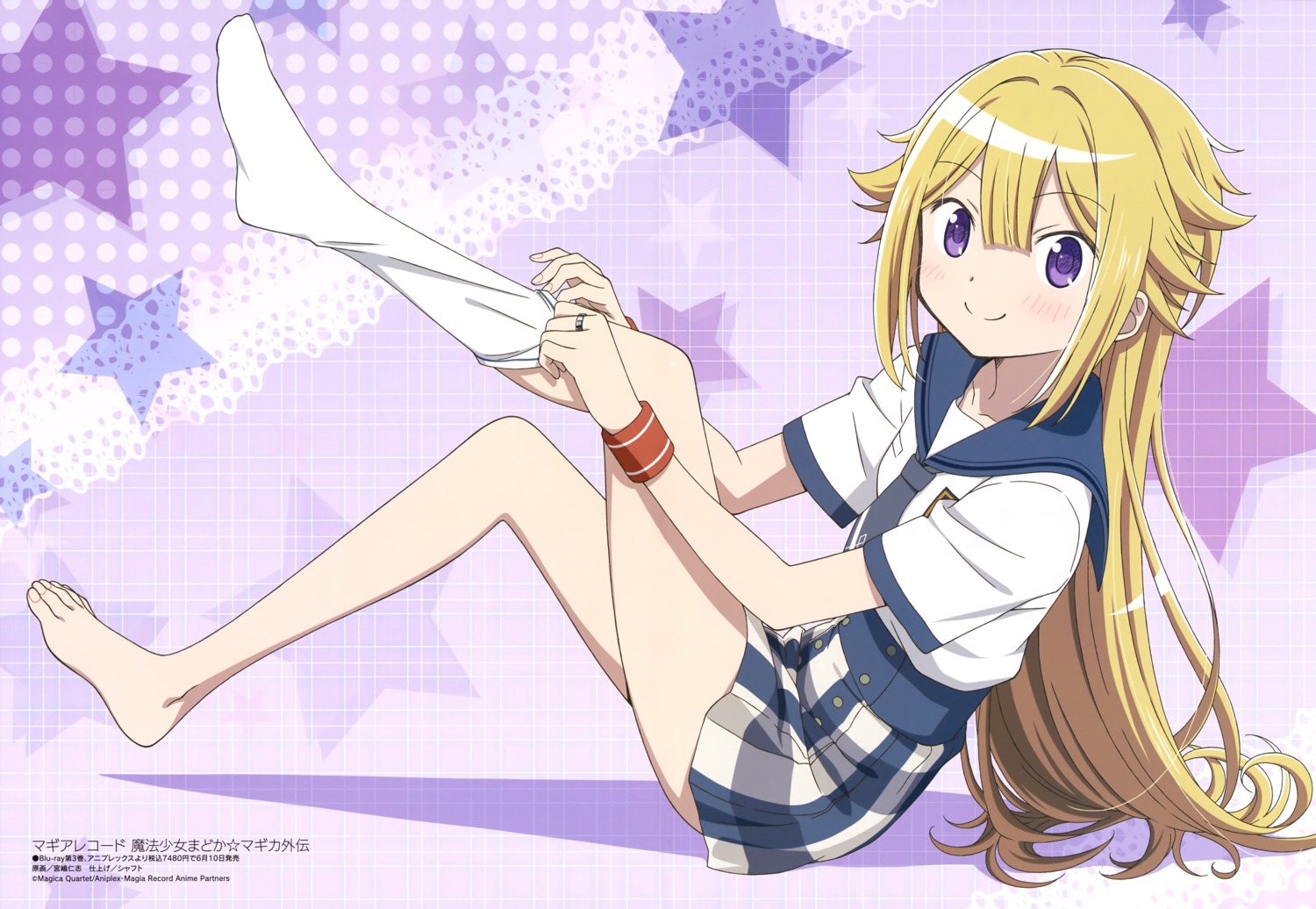 feet, magia_record:_mahou_shoujo_madoka_magica_gaiden, mahou_shoujo_madoka_magica, mitsuki_felicia, miyajima_hitoshi, seifuku, skirt_lift, undressing