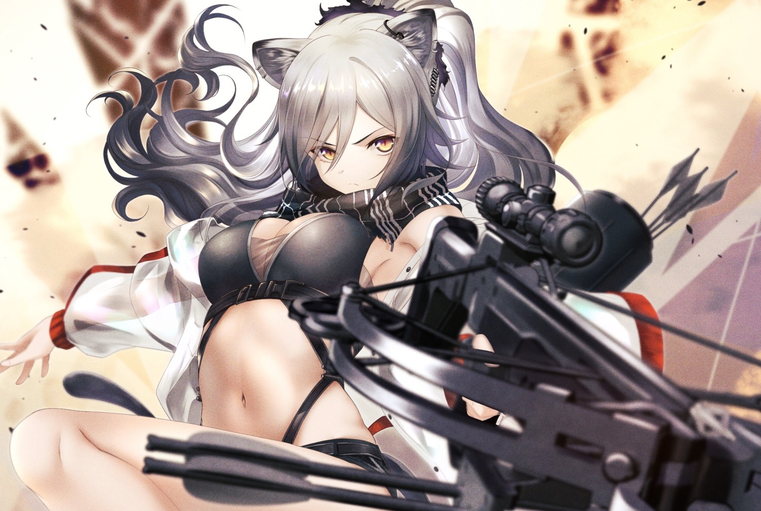 animal_ears, arknights, cleavage, noan, schwarz_(arknights), see_through, weapon
