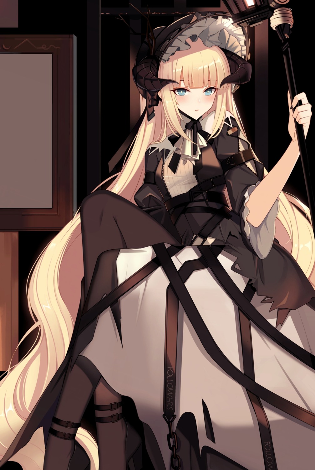 arknights, ateoyh, gothic_lolita, horns, lolita_fashion, nightingale_(arknights), pantyhose