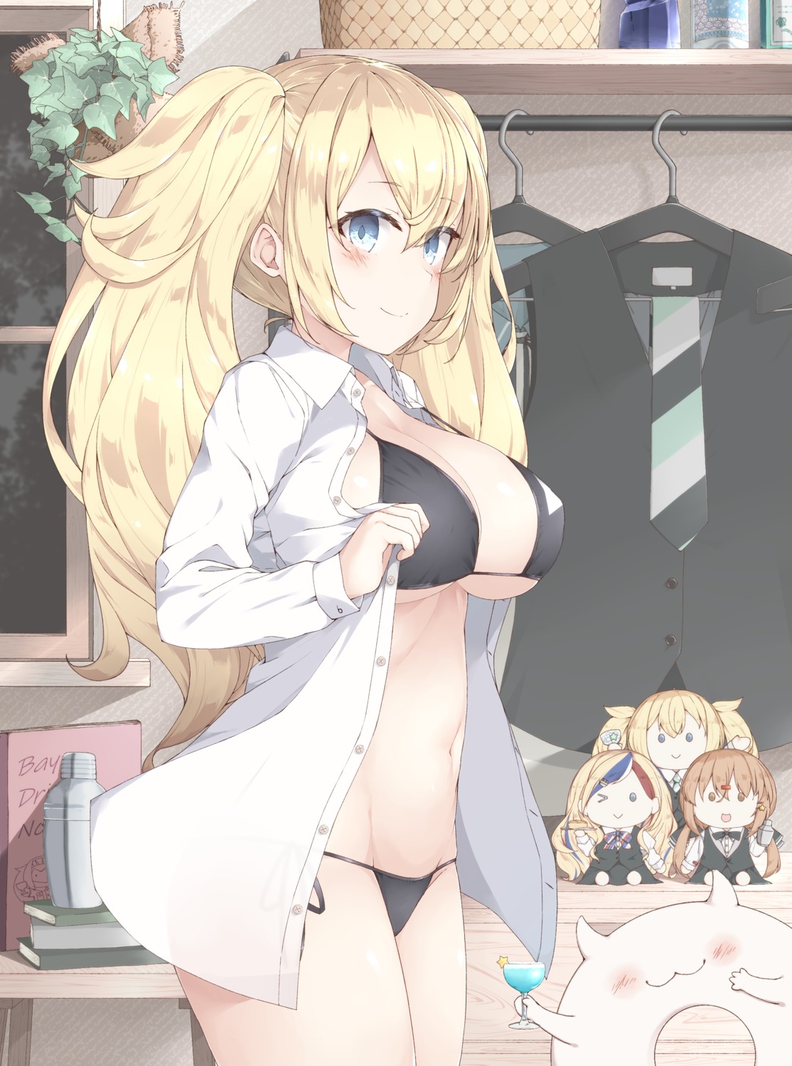 bikini, chibi, commandant_teste_(kancolle), dress_shirt, gambier_bay_(kancolle), kantai_collection, open_shirt, swimsuits