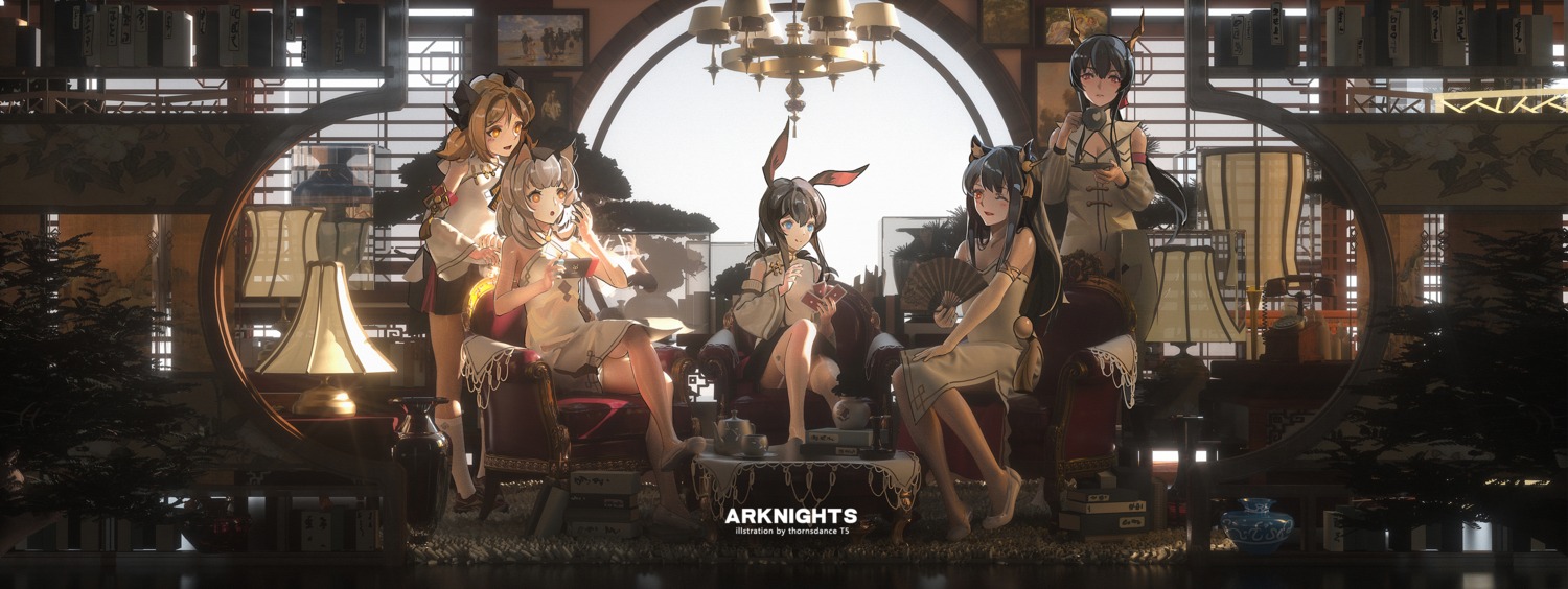 amiya_(arknights), animal_ears, arknights, asian_clothes, bunny_ears, ch'en_(arknights), chinadress, cleavage