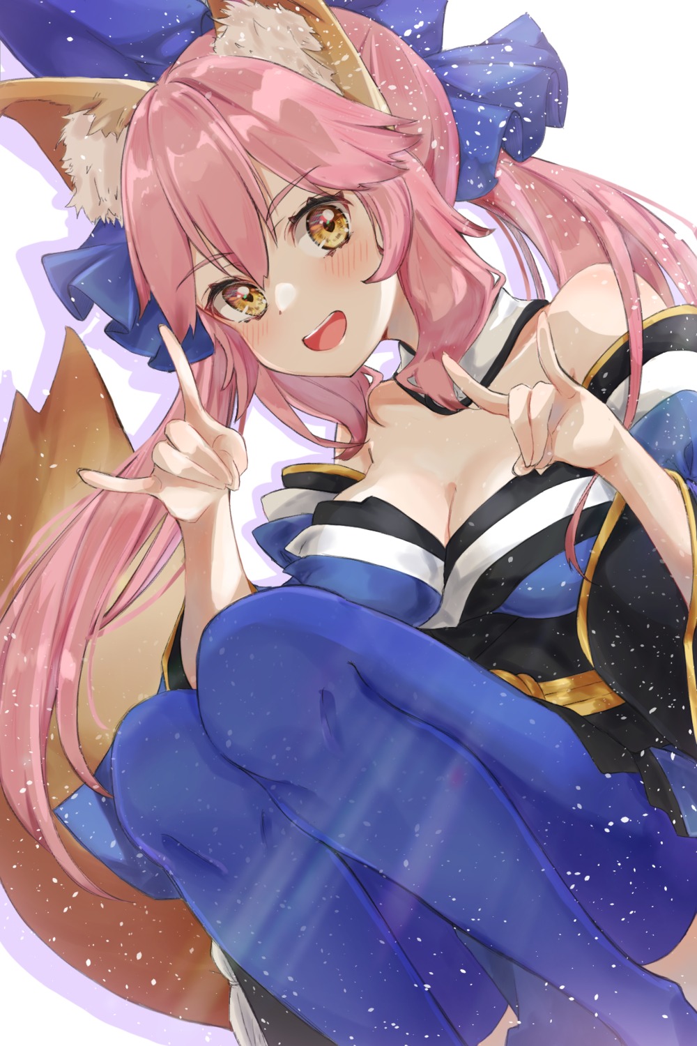 animal_ears, cleavage, fate/grand_order, japanese_clothes, kitsune, mayu-mayu1026, skirt_lift, tail, tamamo_no_mae, thighhighs