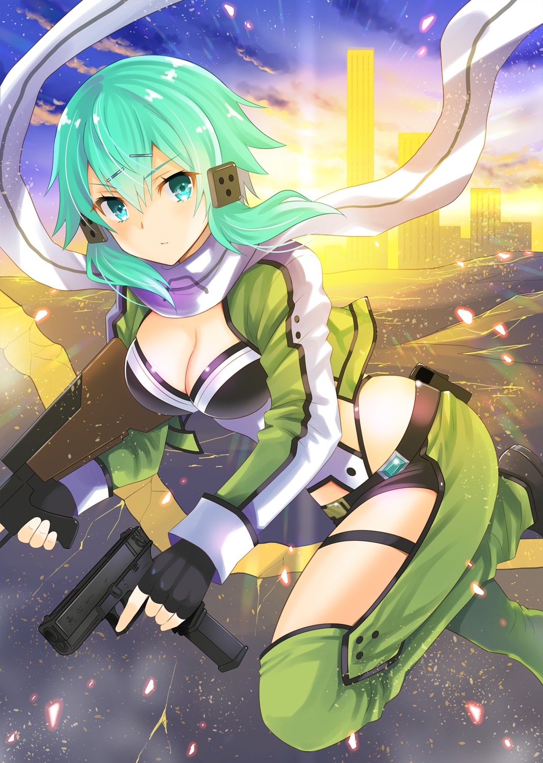 cleavage, garter, gun, gun_gale_online, sinon, sword_art_online, uonuma_yuu