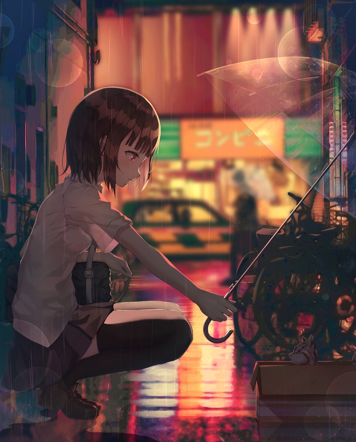 gyungsin, neko, see_through, seifuku, thighhighs, umbrella, wet, wet_clothes