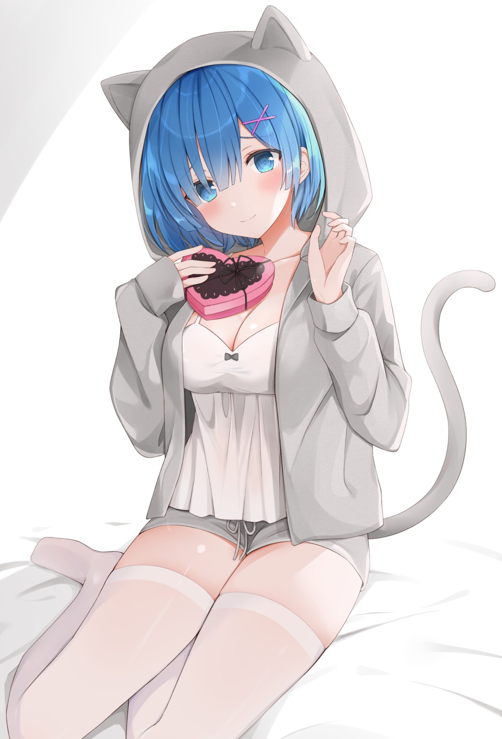 49_(yonkyuu), animal_ears, cleavage, nekomimi, re:zero_kara_hajimeru_isekai_seikatsu, rem_(re_zero), tail, thighhighs
