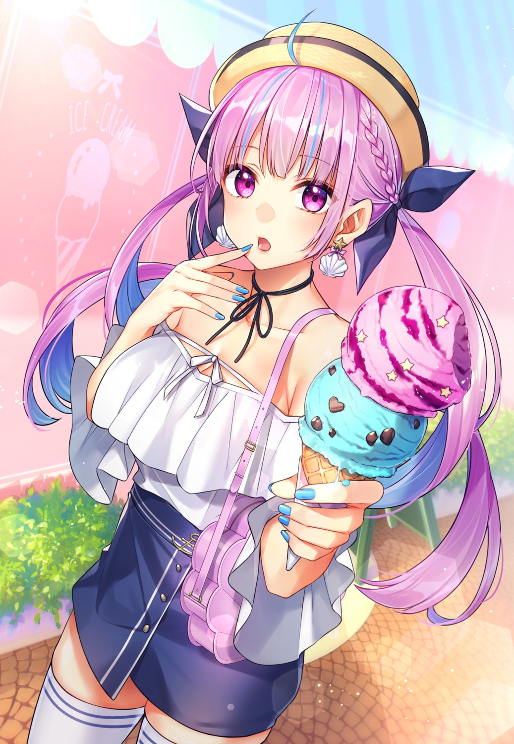 cleavage, hololive, kitazume_kumie, minato_aqua, thighhighs