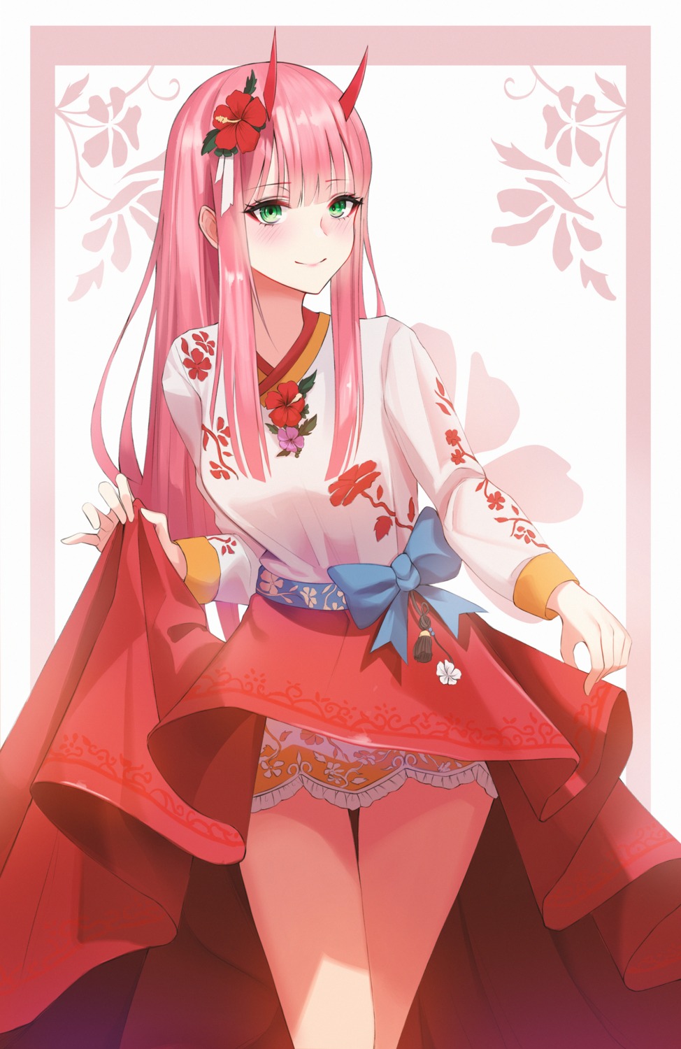 asian_clothes, darling_in_the_franxx, horns, junkt729, skirt_lift, zero_two_(darling_in_the_franxx)