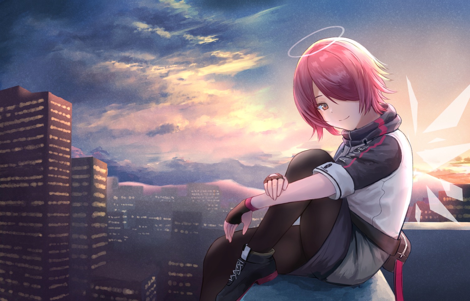 angel, arknights, exusiai_(arknights), landscape, pantyhose, skirt_lift, uzurako, wings