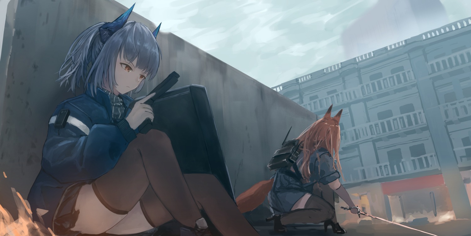 animal_ears, arknights, franka_(arknights), gun, heels, horns, liskarm_(arknights), skirt_lift, sword, thighhighs, uniform, uzurako