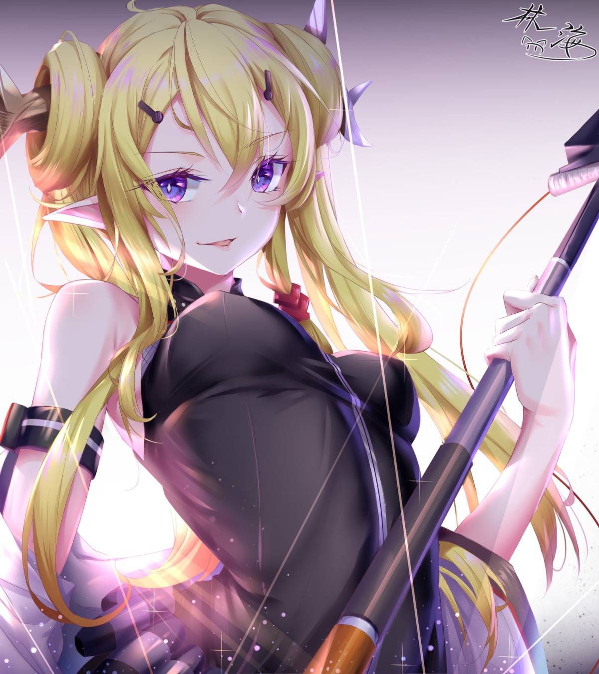 amaroku_neko, arknights, horns, leizi_(arknights), pointy_ears, weapon