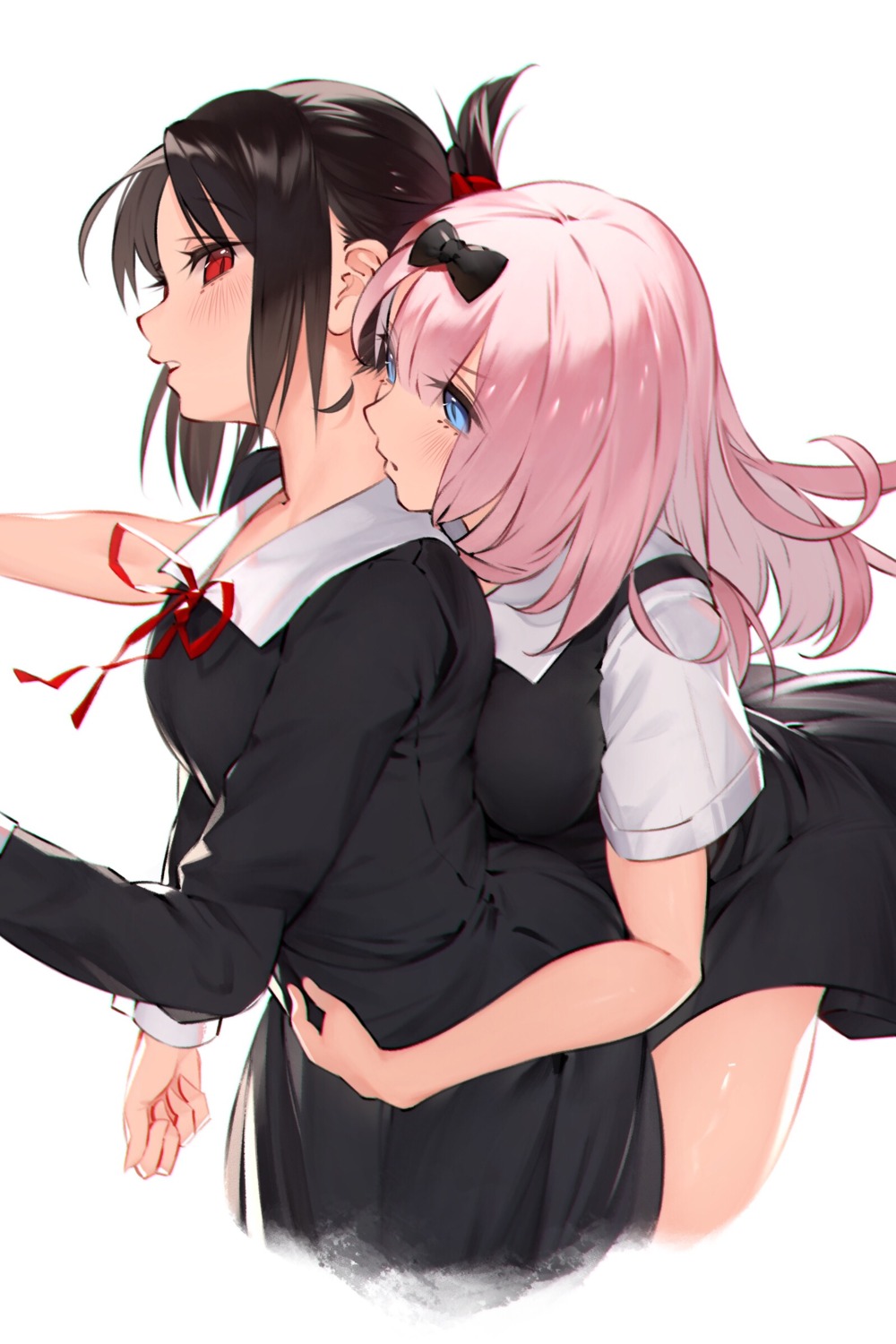fujiwara_chika, kaguya-sama_wa_kokurasetai_~tensai-tachi_no_renai_zunousen~, seifuku, shinomiya_kaguya, skirt_lift, to_gemichi, yuri
