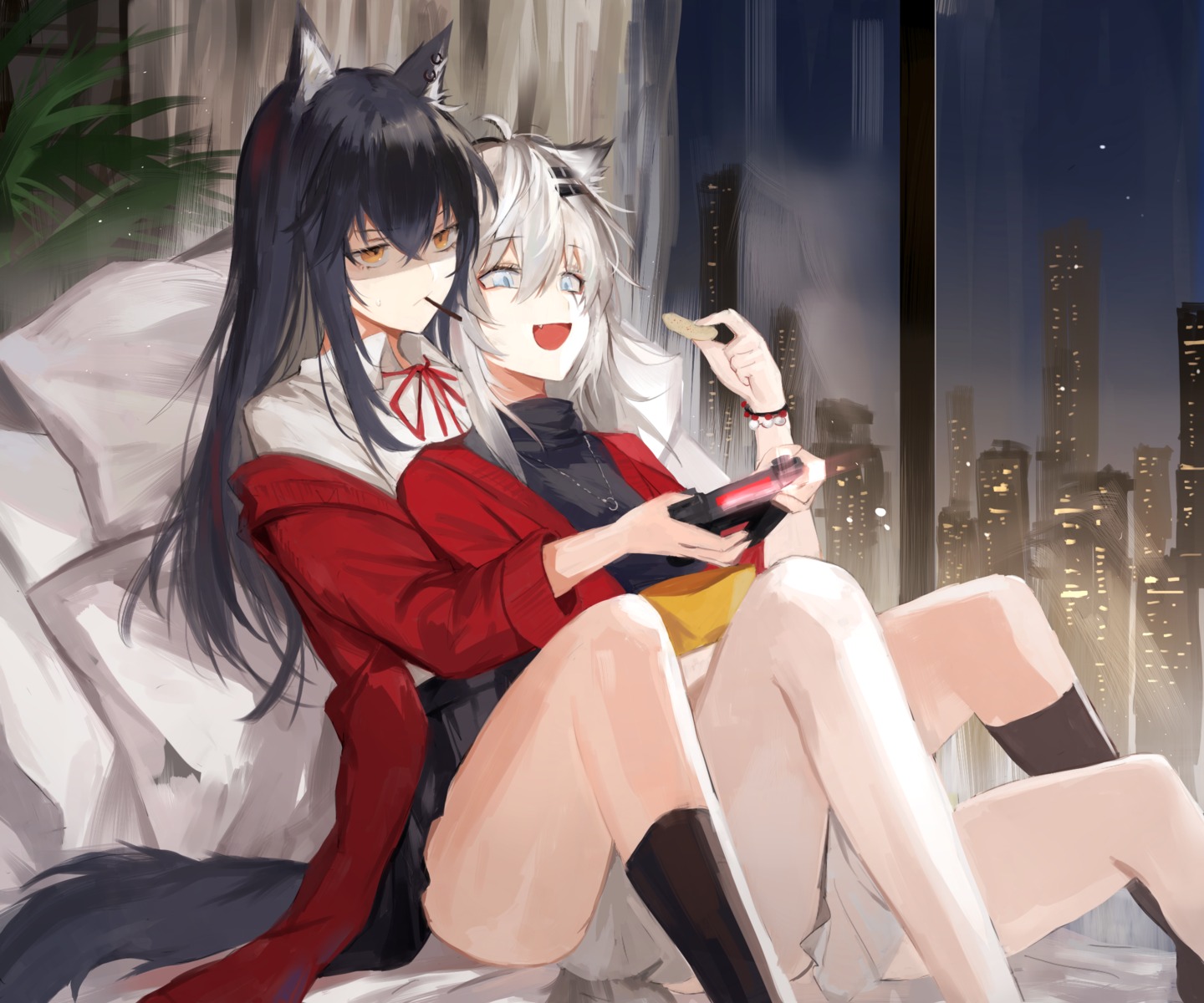 animal_ears, arknights, lappland_(arknights), meng_ziya, skirt_lift, tail, texas_(arknights), yuri