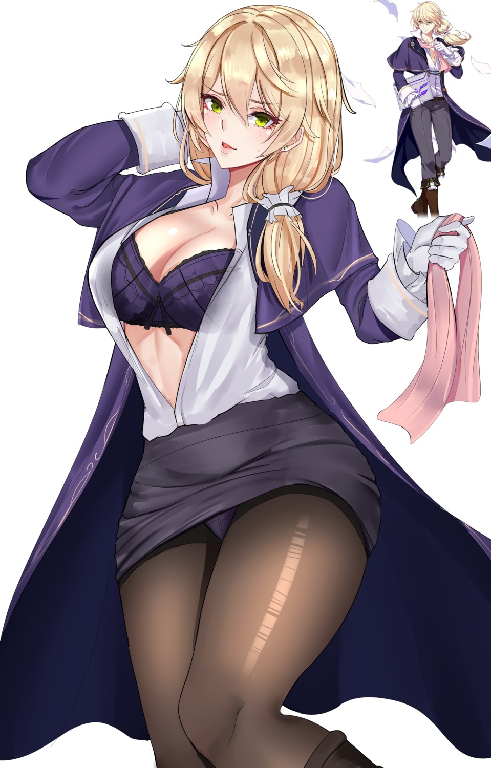 benghuai_xueyuan, bra, cleavage, honkai_impact, noise_paper, open_shirt, pantyhose, see_through