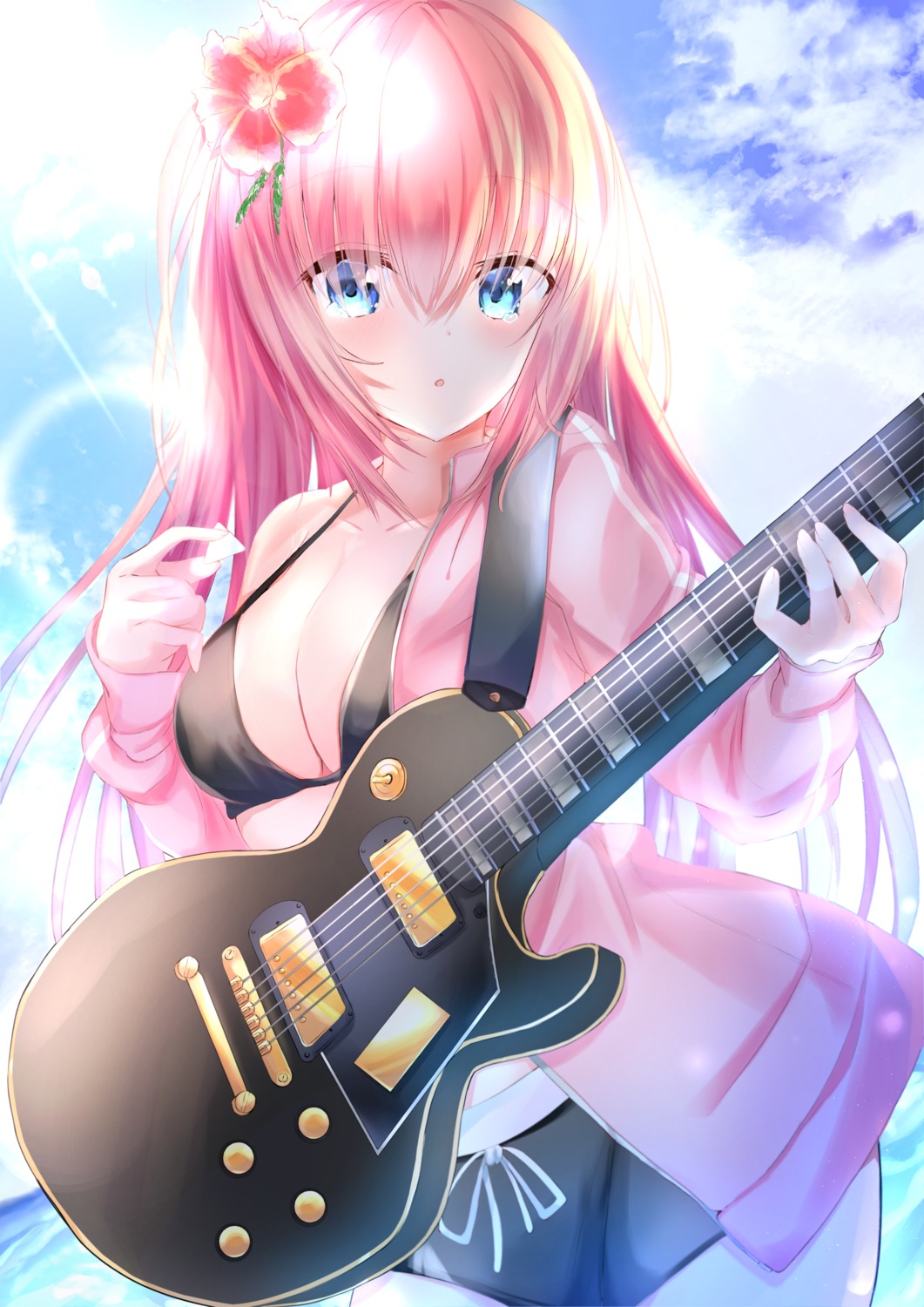 bikini, bocchi_the_rock!, cleavage, gotou_hitori, guitar, maddo_(gasser_0518), open_shirt, swimsuits