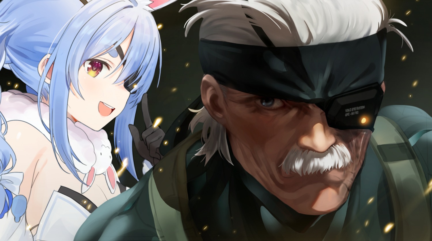 cleavage, crossover, eyepatch, hololive, metal_gear_solid_4, old_snake, seicoh, usada_pekora
