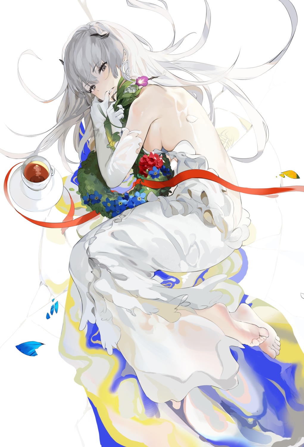 dress, feet, horns, no_bra, uthy, wedding_dress