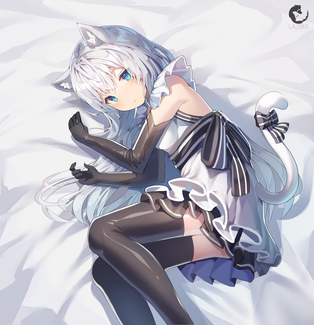 animal_ears, dress, lazbee, nekomimi, skirt_lift, tail, thighhighs