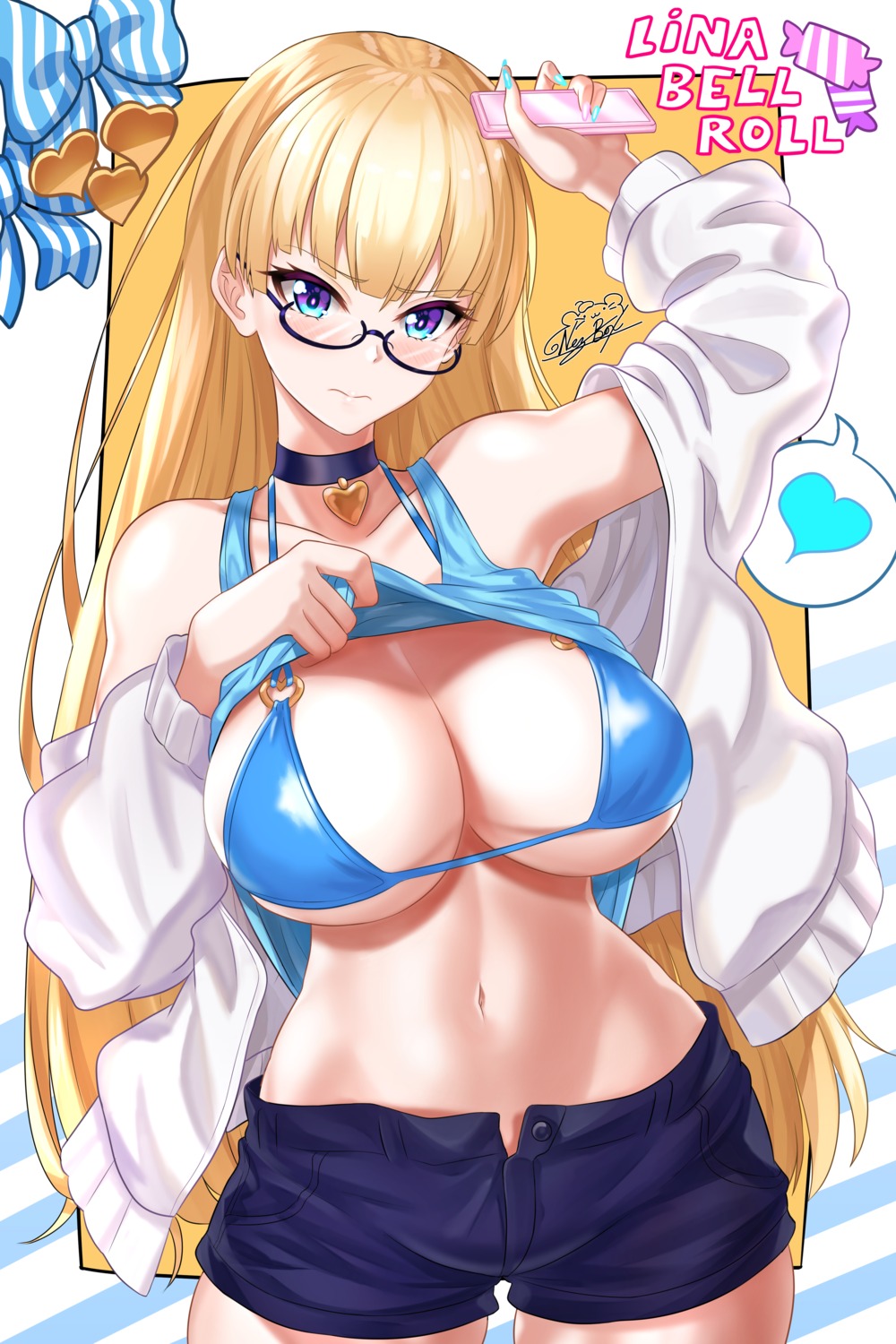 bikini_top, lina_bell_roll, megane, nez-kun, shirt_lift, swimsuits, undressing