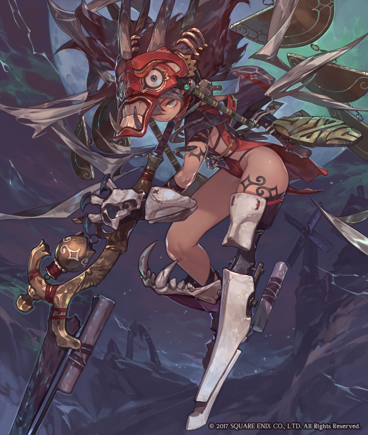 horns, leotard, mecha_musume, servant_of_thrones, so-taro, tattoo, weapon