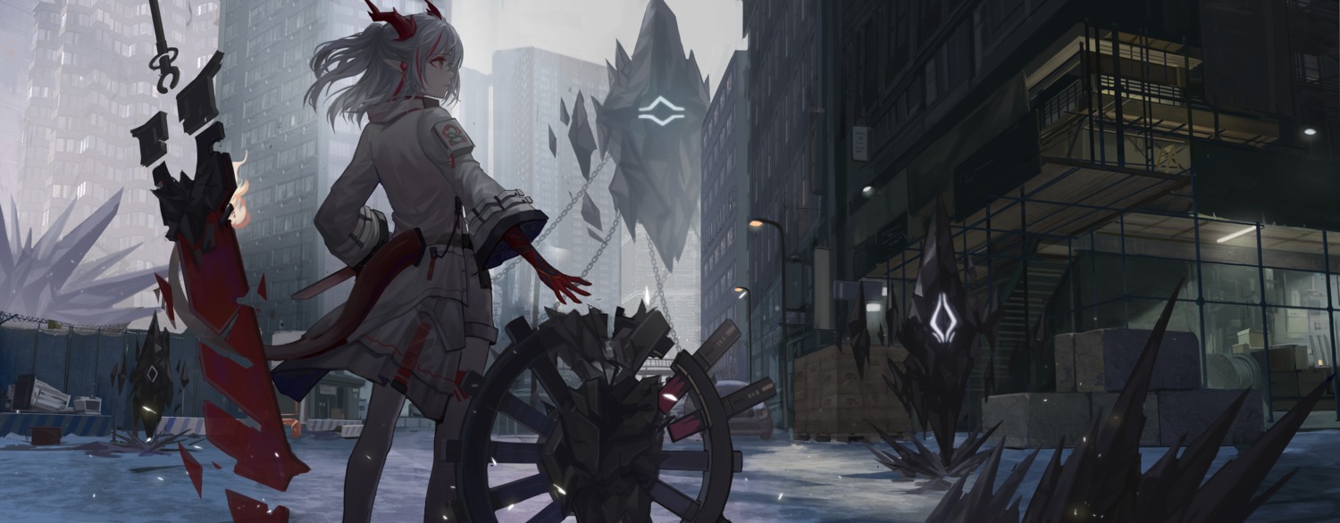 arknights, horns, landscape, nian_(arknights), sword, zhai