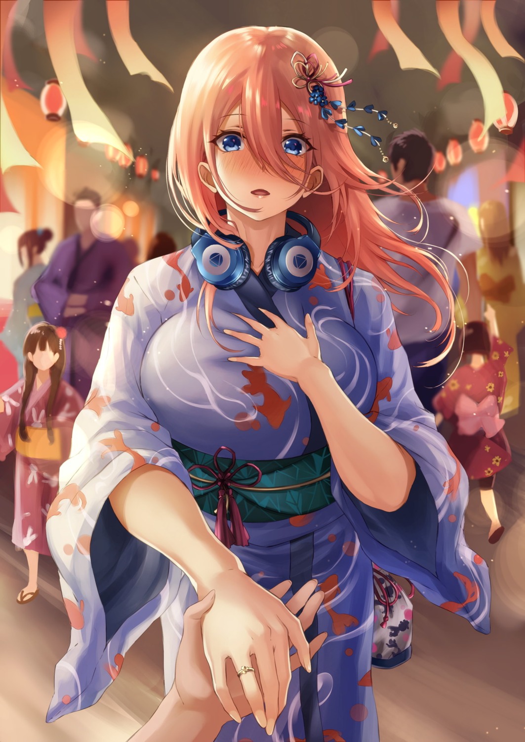 5-toubun_no_hanayome, breast_hold, headphones, lzepiscc219, nakano_miku, yukata