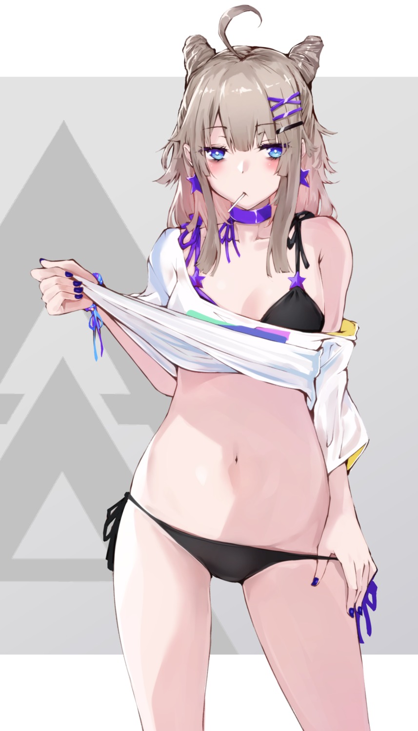 aa-12_(girls_frontline), bikini, flugel, girls_frontline, open_shirt, panty_pull, shirt_lift, swimsuits, undressing