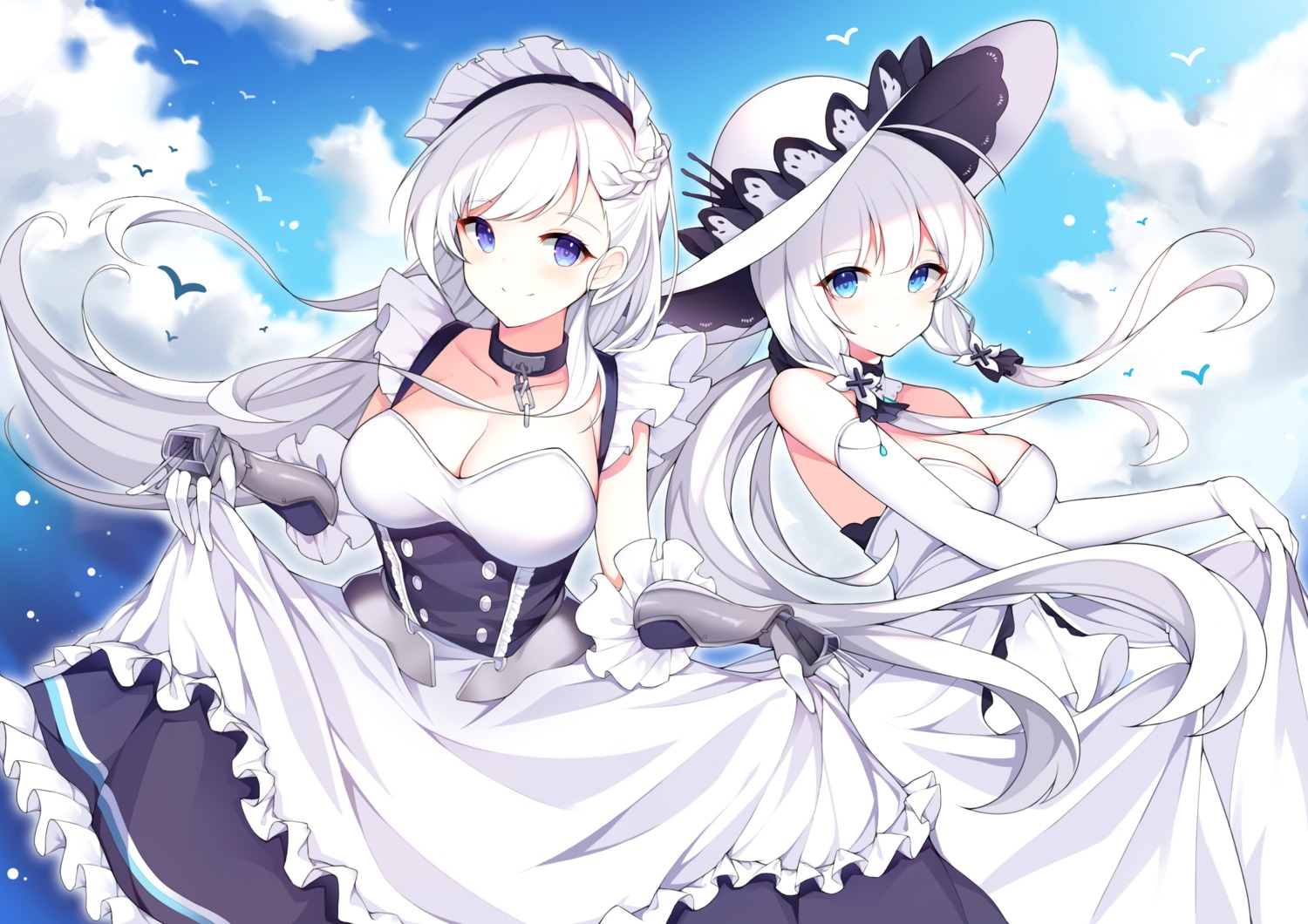 azur_lane, belfast_(azur_lane), cleavage, dress, illustrious_(azur_lane), maid, paaru, skirt_lift