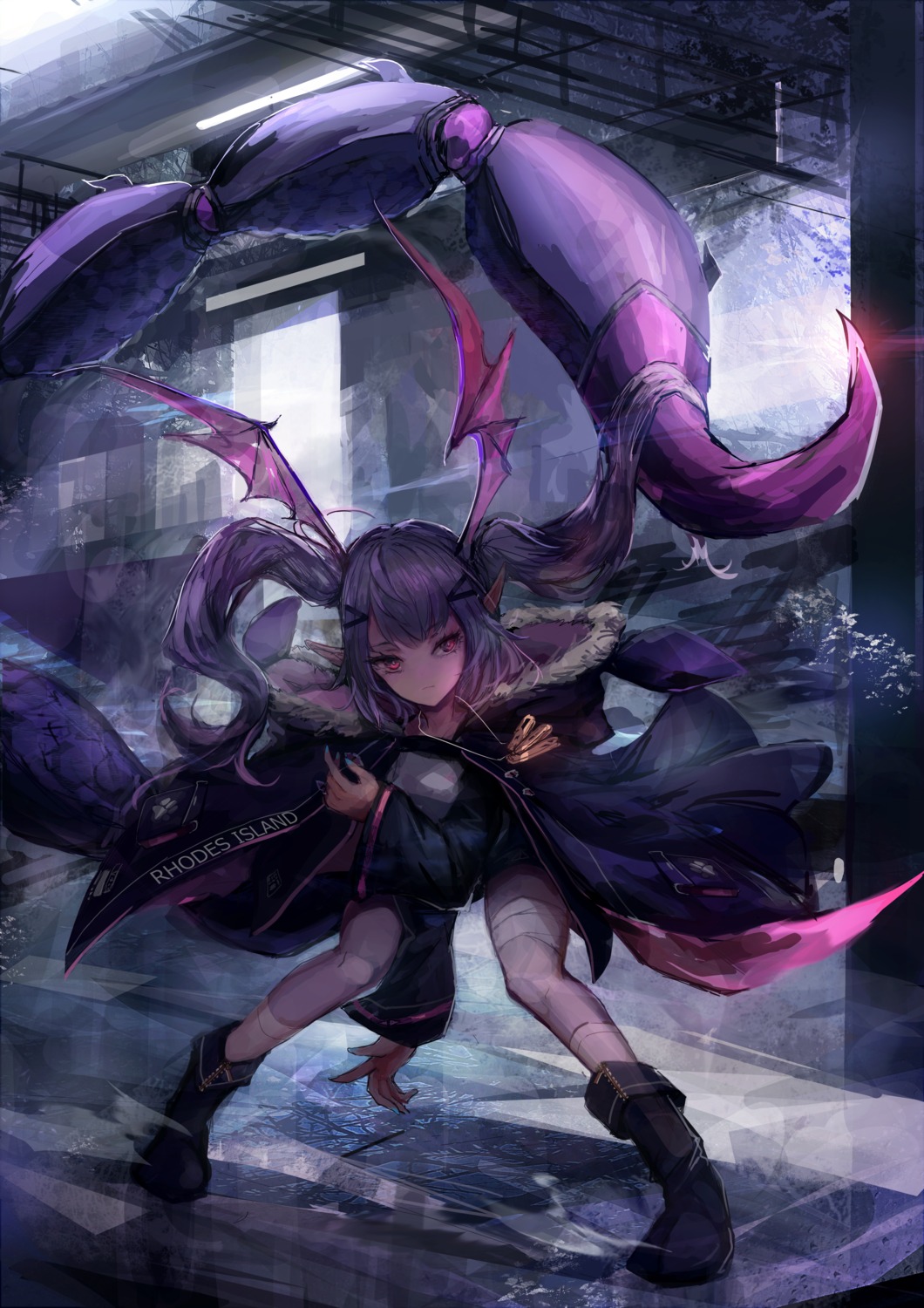 animal_ears, arknights, bandages, manticore_(arknights), pointy_ears, tail, thighhighs, trrcmb