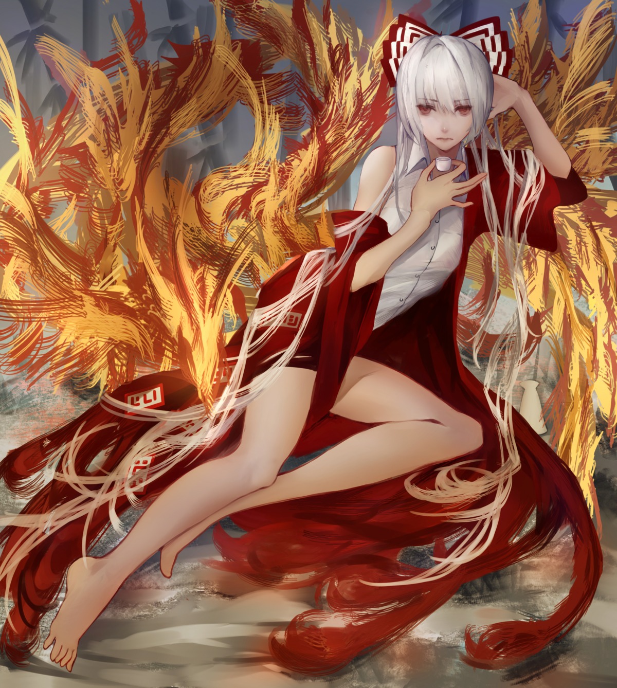 breast_hold, feet, fujiwara_no_mokou, kelou, touhou