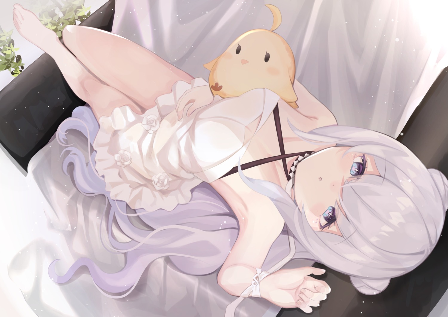 azur_lane, cleavage, dress, le_malin_(azur_lane), manjuu_(azur_lane), skirt_lift, wankoo-mikami