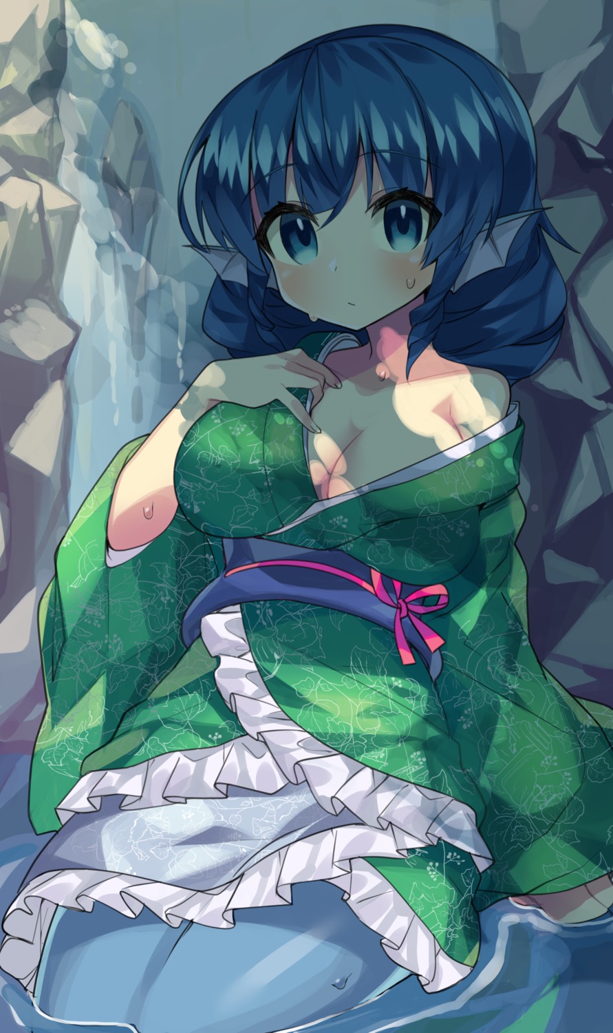 breast_hold, cleavage, japanese_clothes, mermaid, monster_girl, no_bra, open_shirt, sakaki_(utigi), touhou, wakasagihime, wet