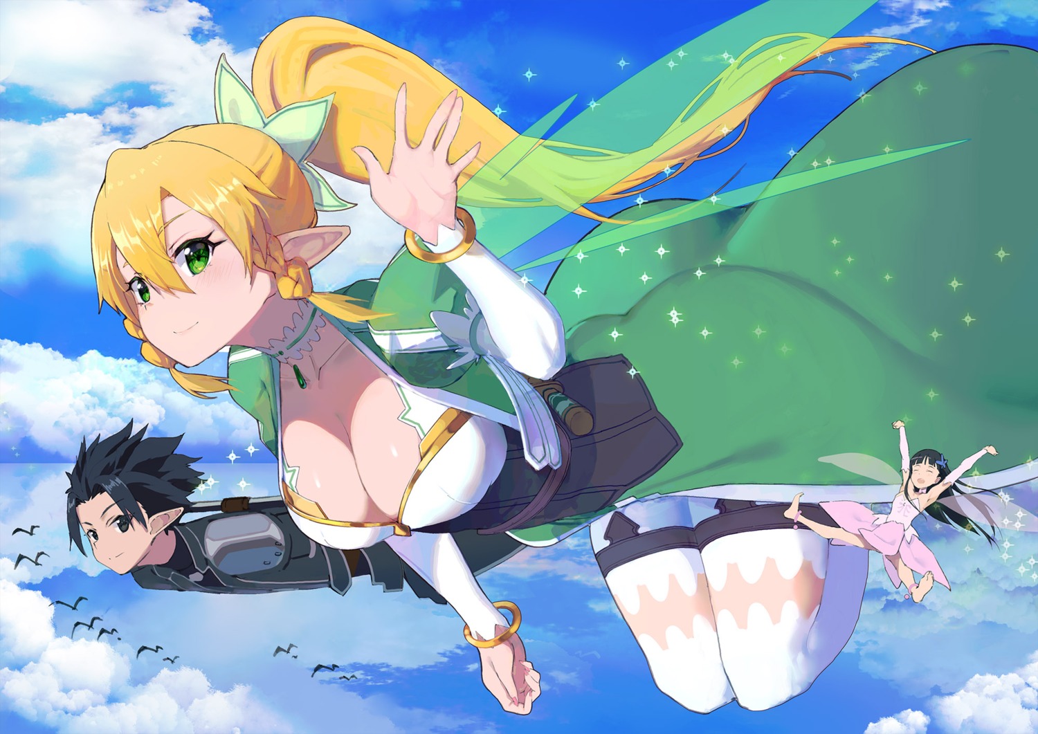 chou_shippai-saku, fairy, kirito, leafa, pointy_ears, sword_art_online, thighhighs, wings