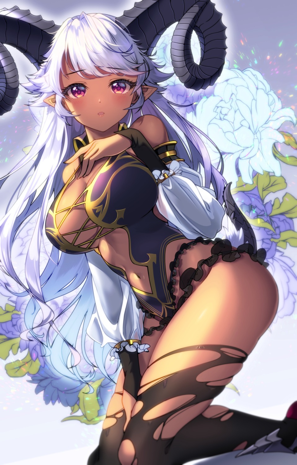 fujiya_takao, horns, leotard, no_bra, pointy_ears, thighhighs, torn_clothes