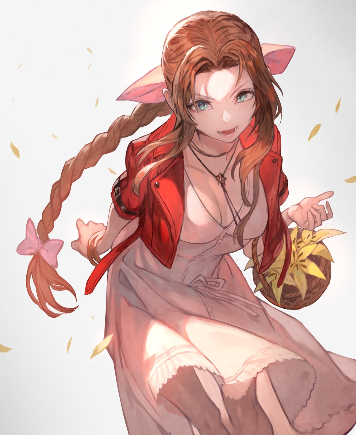 aerith_gainsborough, cleavage, dress, final_fantasy, final_fantasy_vii, lack, skirt_lift