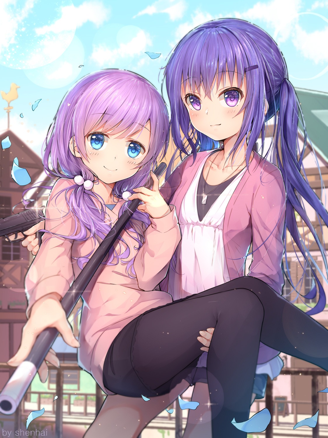 gochuumon_wa_usagi_desu_ka?, gun, pantyhose, shenhai_(2556146833), tedeza_rize, yuri