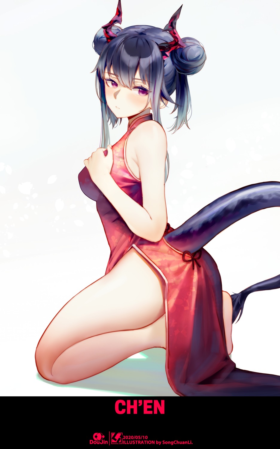 arknights, ch'en_(arknights), chinadress, horns, skirt_lift, songchuan_li, tail