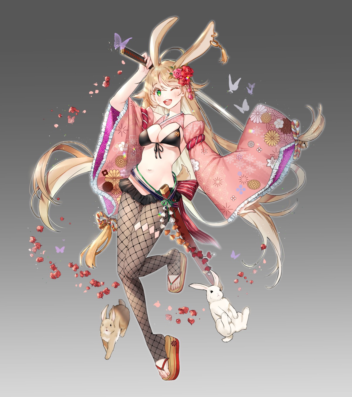 animal_ears, bikini_top, bunny_ears, fishnets, houchi_shoujo, japanese_clothes, pantyhose, puckjjick_(belbesi19)