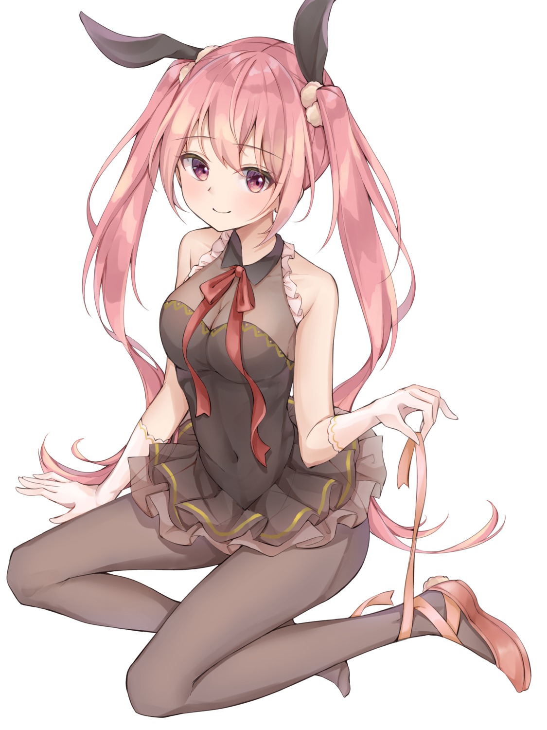 animal_ears, bunny_ears, cleavage, dress, pantyhose, poe_(528yuzunon), see_through, skirt_lift