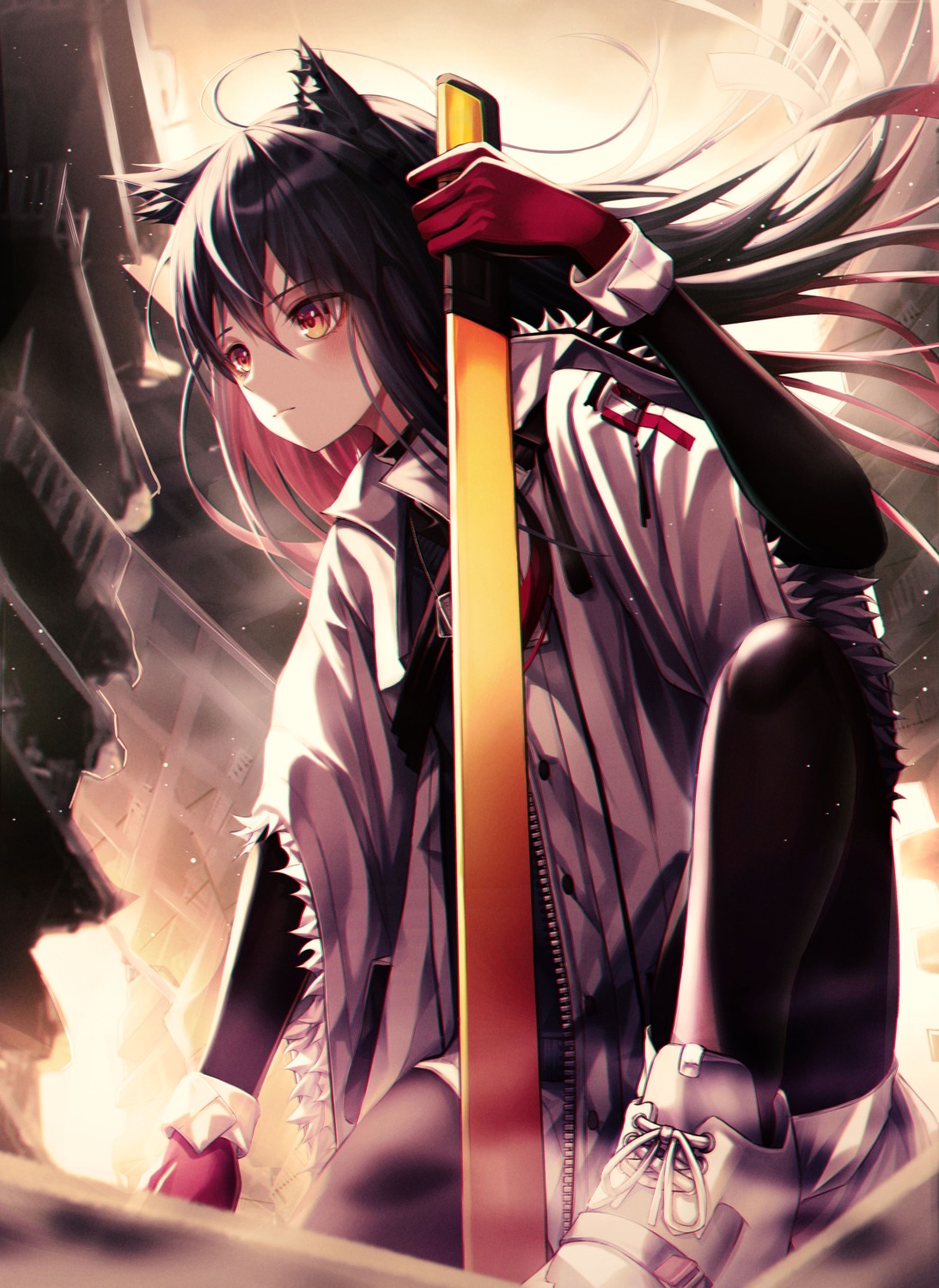 animal_ears, arknights, hyangu, pantyhose, sword, texas_(arknights)