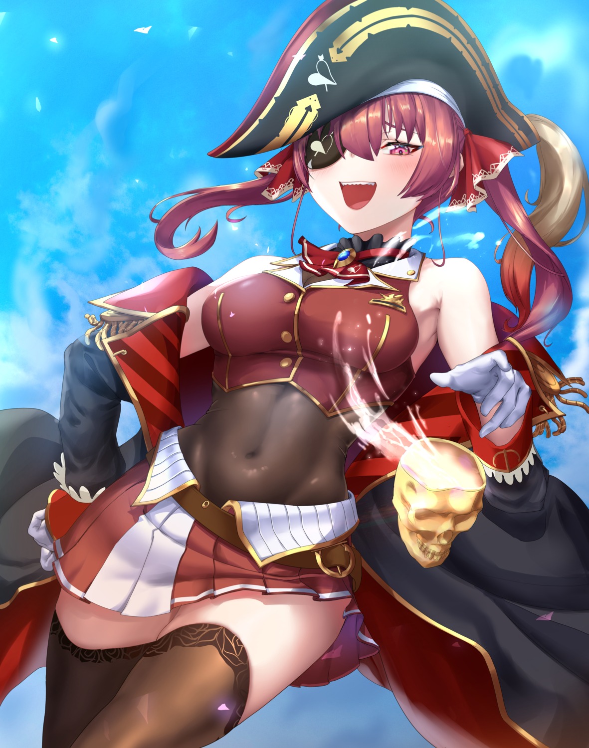 eyepatch, hololive, houshou_marine, panamuru, pirate, skirt_lift, thighhighs