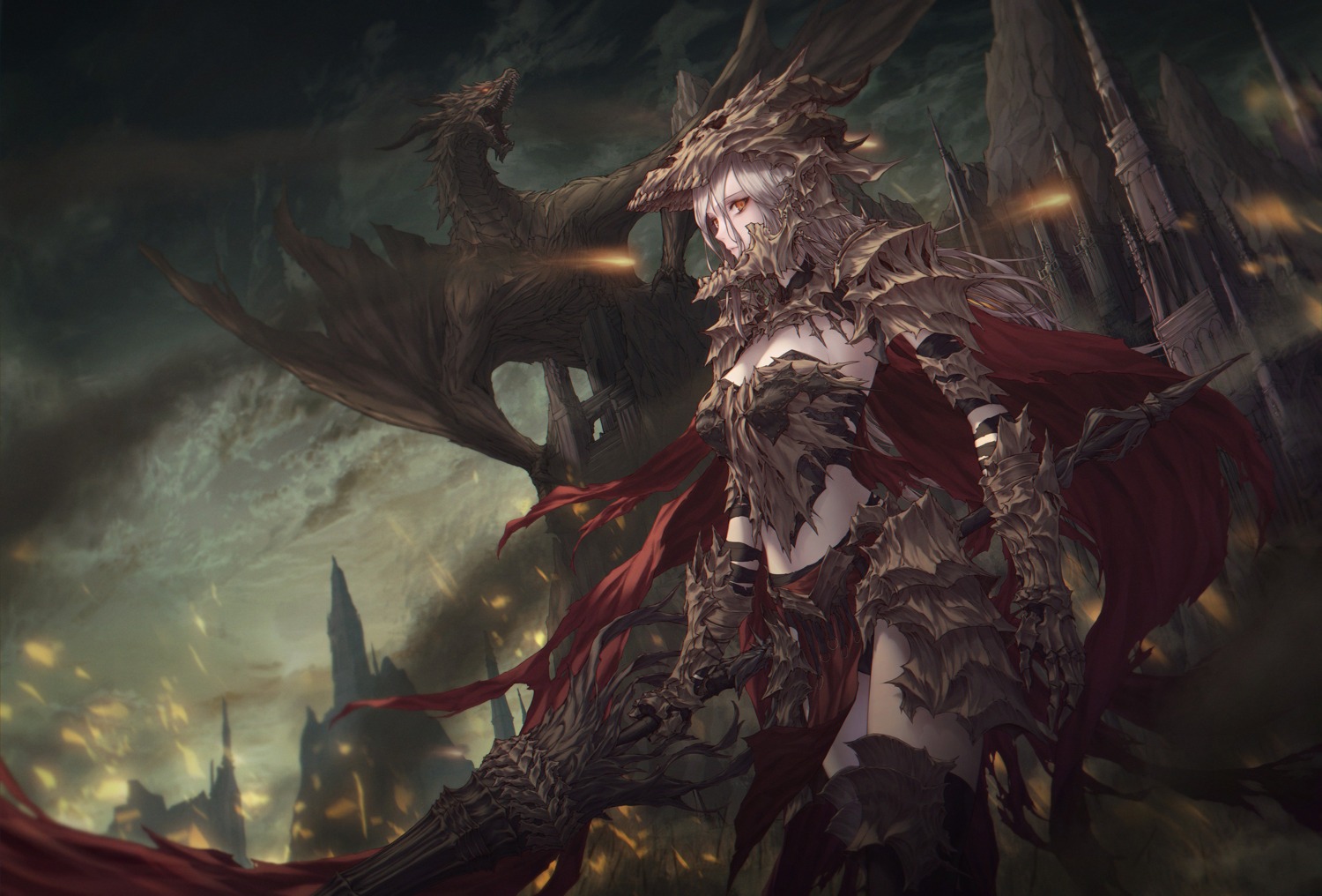armor, cleavage, monster, thighhighs, und0, weapon