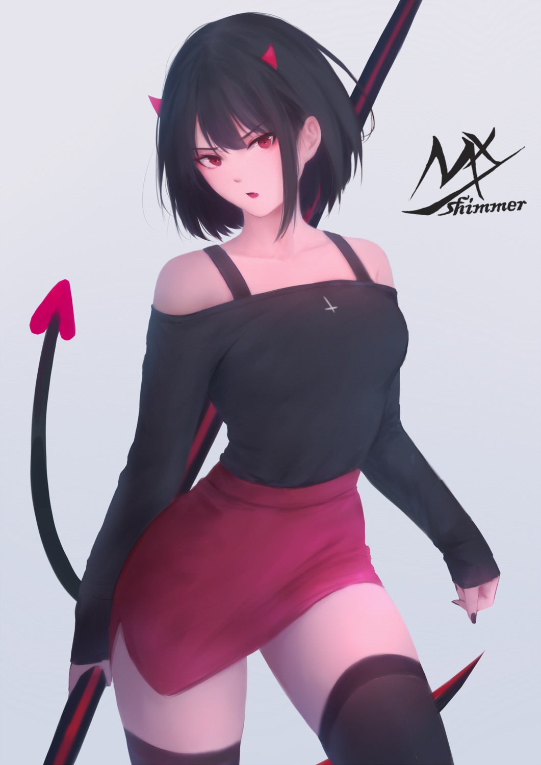 horns, shimmer, skirt_lift, tail, thighhighs, weapon