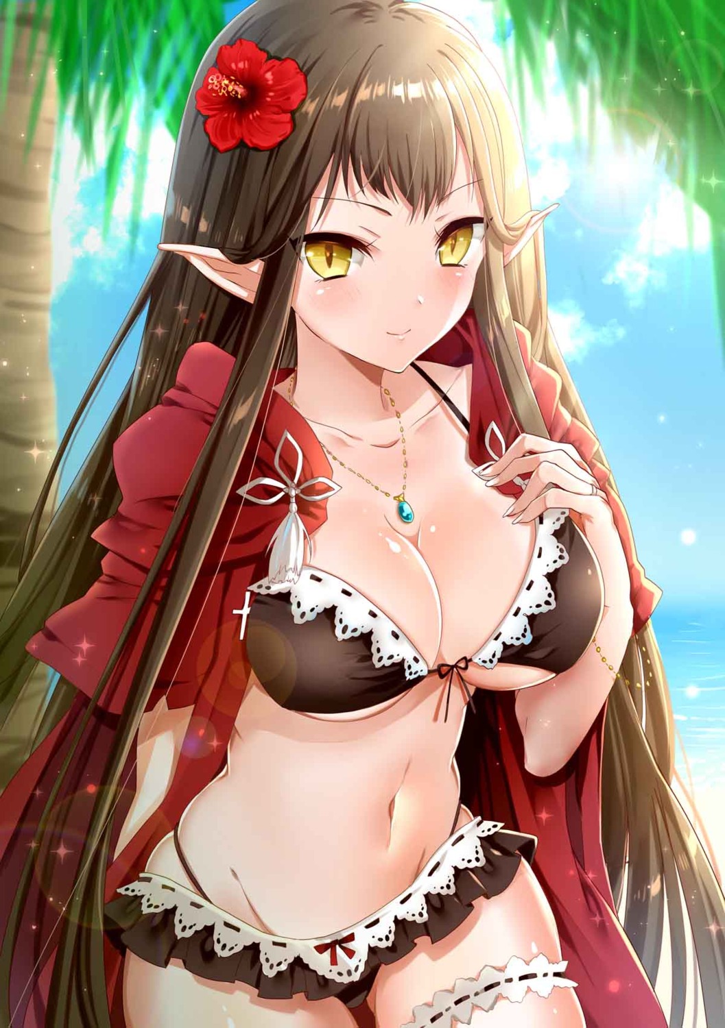 bikini, fate/grand_order, garter, open_shirt, pointy_ears, semiramis_(fate), swimsuits, tagme