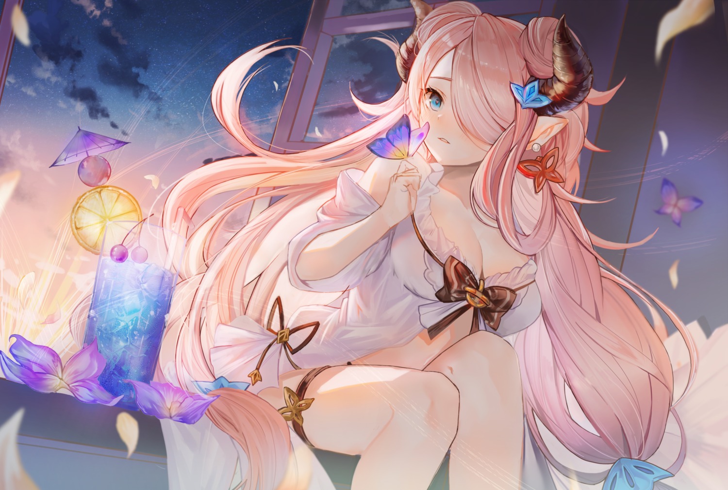 cleavage, garter, granblue_fantasy, horns, narumeia_(granblue_fantasy), pantsu, parayang, pointy_ears