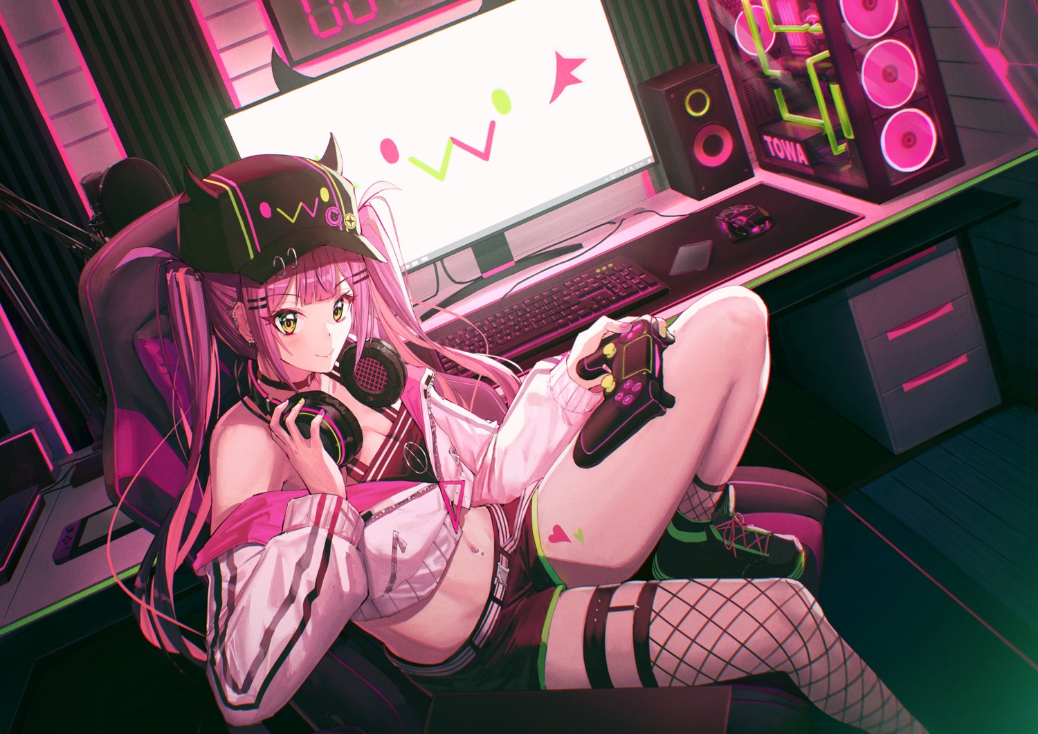 cleavage, fishnets, headphones, hololive, mazel, stockings, thighhighs, tokoyami_towa