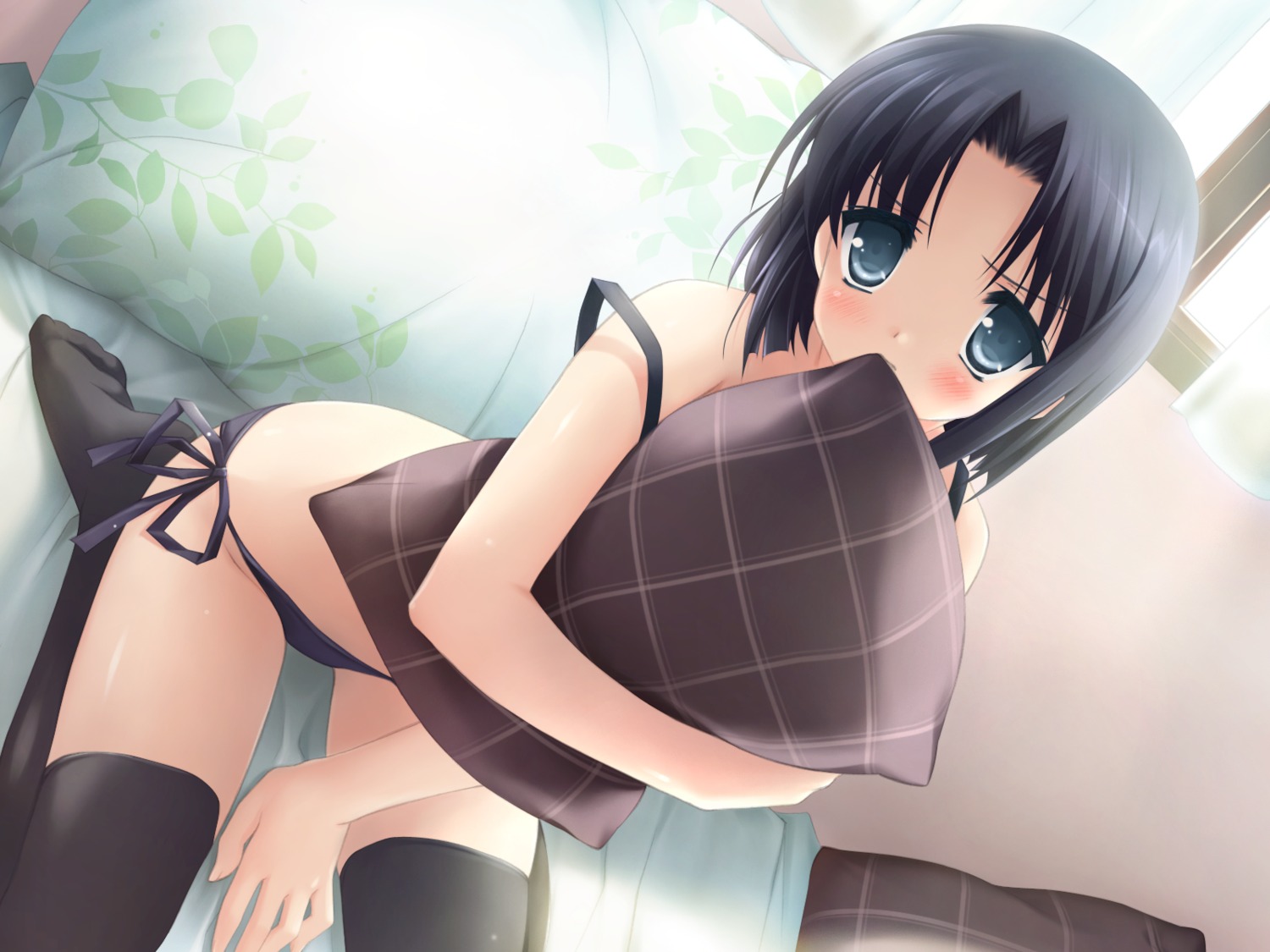 cuffs, garden, kanekiyo_miwa, kasuga_nadeshiko, pantsu, string_panties, thighhighs, wallpaper