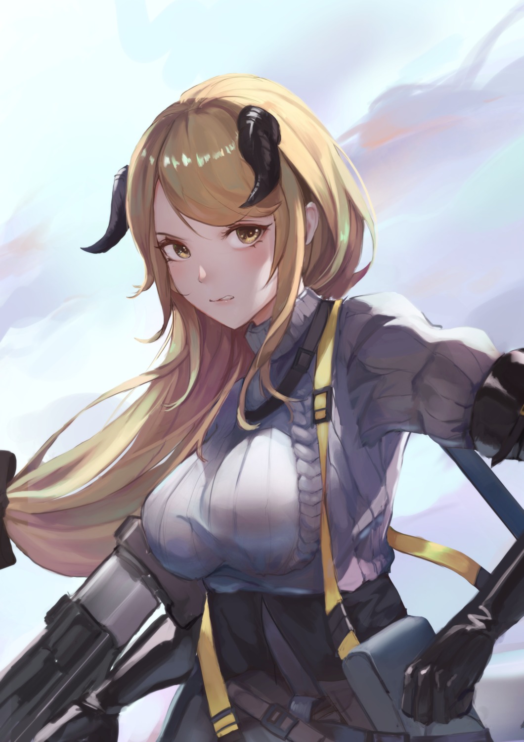 arknights, eru_(eru_illust), gun, horns, meteorite_(arknights)