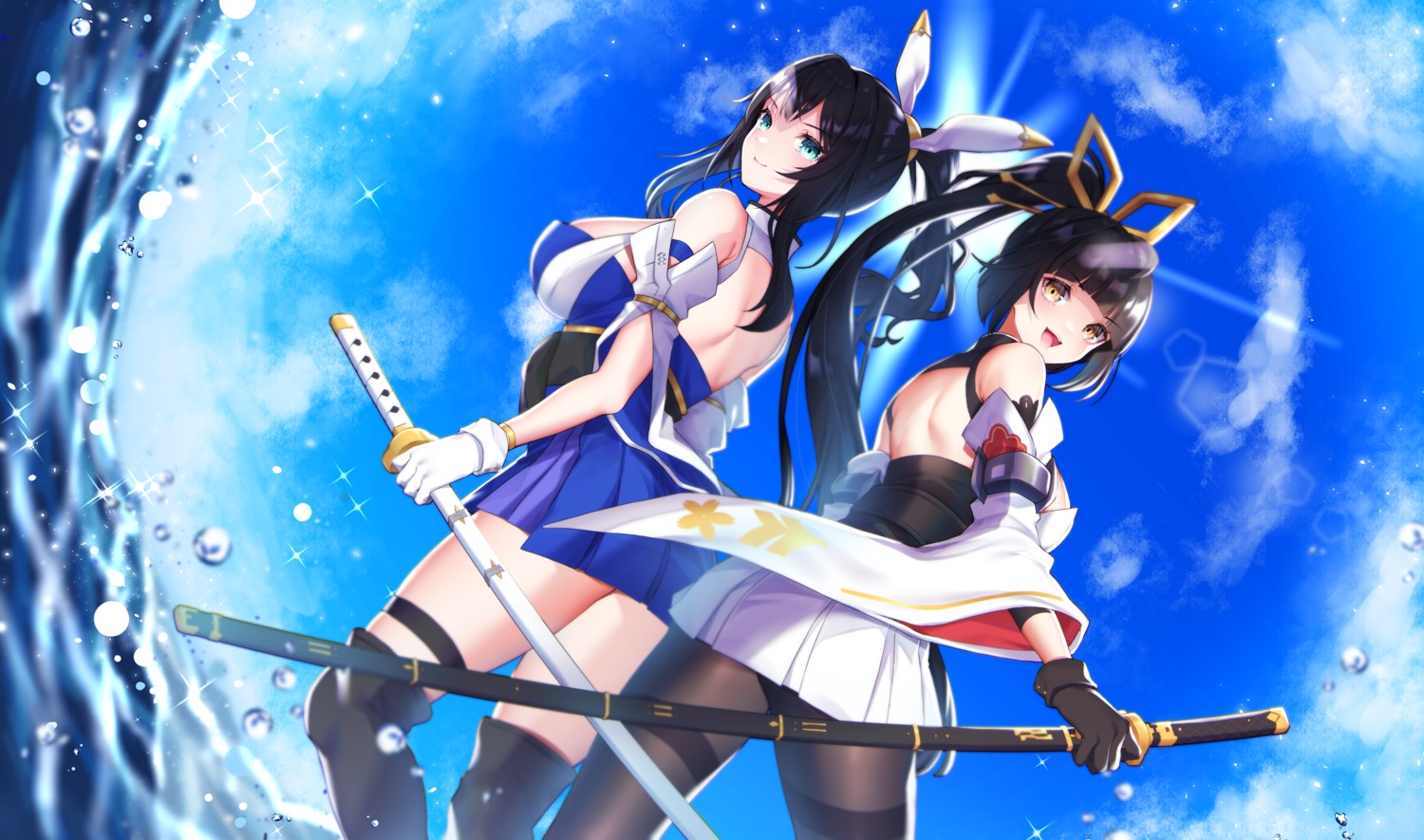 akagi_(blue_oath), blue_oath, buta_tamako, garter, japanese_clothes, kaga_(blue_oath), pantyhose, sword, thighhighs